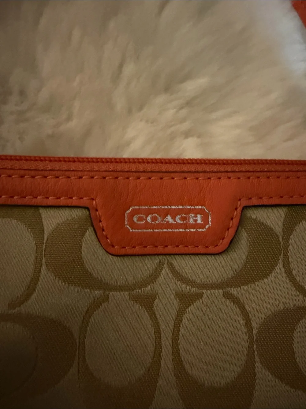 Coach Canvas mini Shoulder Bag in Tan with Orange/coral Trim